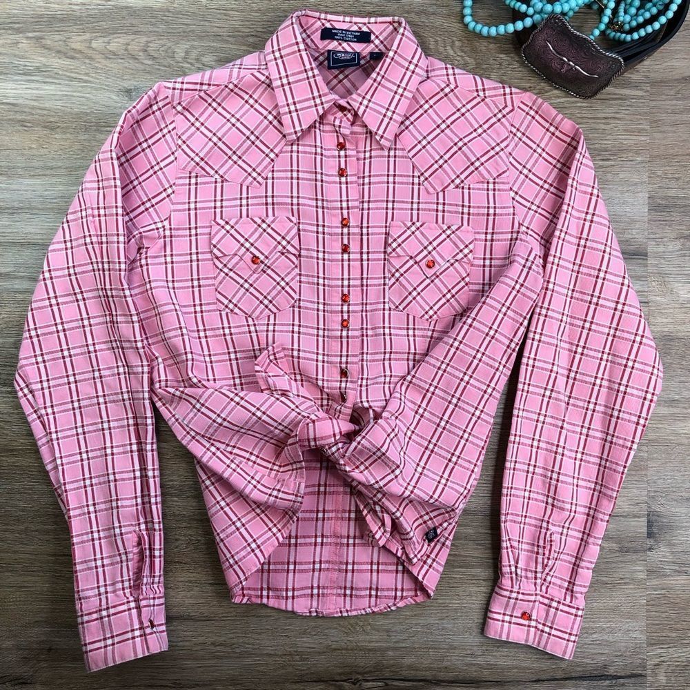 Vintage Y2K Cruel Girl Barbie Pink Plaid Pearl Snap Shirt sz L